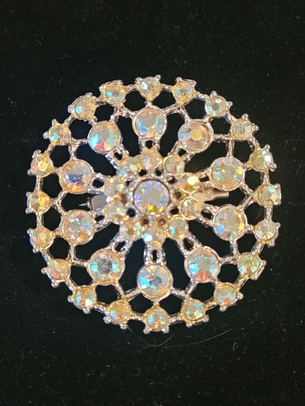 Vintage Aurora Borealis AB Rhinestone Brooch Round Openwork Statement Pin
